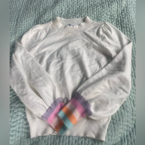 Fate boutique white sweater with puff sleeves and pastel striped cuffs. size S - Picture 1 of 3